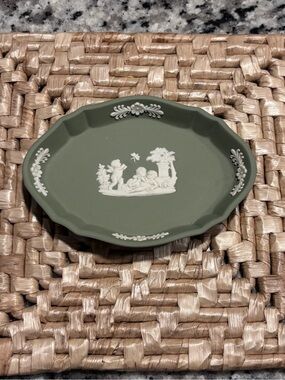 Wedgwood Olive Green Jasperware Oval Trinket Dish with White Relief